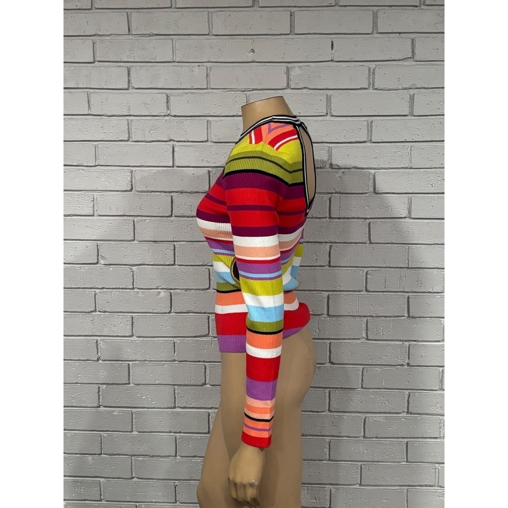 Old Navy x CJR Rainbow Stripe Ribbed Knit Top Open Back Cutout Multi-Color | L - Picture 2 of 14